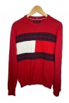 Tommy Hilfiger piros-fehér mintás kötött pulóver L