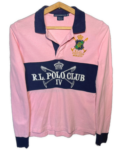 Ralph lauren Sport rózsaszín sötétkék feliratos hímzett galléros hosszú ujjú póló M